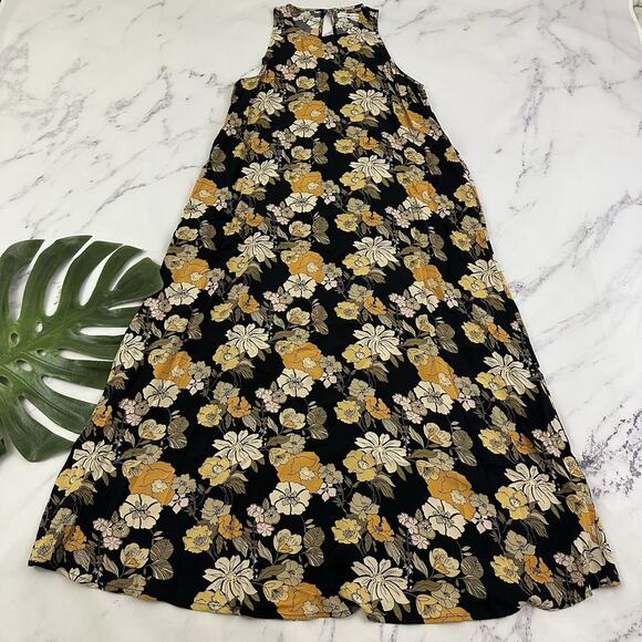 Natural Life Womens Maxi Dress Size Xs S Black Yellow Floral Pockets Boho Shift - Picture 1 of 11